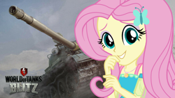 Size: 1920x1080 | Tagged: safe, artist:edy_january, derpibooru import, edit, screencap, fluttershy, equestria girls, geode of fauna, magical geodes, military, solo, t-62a, tank (vehicle), wallpaper, wallpaper edit, world of tanks, world of tanks blitz