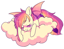 Size: 1300x1000 | Tagged: safe, artist:lavvythejackalope, derpibooru import, oc, oc only, bat pony, pony, bat pony oc, bat wings, cloud, commission, eyes closed, female, mare, on a cloud, simple background, sleeping, solo, transparent background, wings, ych result