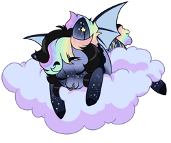 Size: 1200x1000 | Tagged: safe, artist:lavvythejackalope, derpibooru import, oc, oc only, bat pony, pony, bat pony oc, bat wings, cloud, commission, eyes closed, multicolored hair, on a cloud, rainbow hair, simple background, sleeping, solo, transparent background, wings, ych result