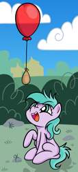 Size: 1415x3107 | Tagged: safe, artist:dinkyuniverse, derpibooru import, aura (character), pony, atg 2021, balloon, female, filly, newbie artist training grounds, solo