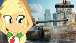 Size: 1920x1080 | Tagged: safe, artist:edy_january, derpibooru import, edit, screencap, applejack, equestria girls, m48 patton, m48a1 patton, military, solo, tank (vehicle), wallpaper, wallpaper edit, world of tanks, world of tanks blitz