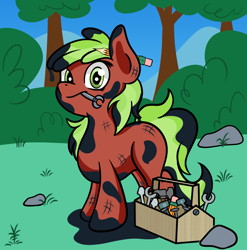 Size: 1533x1554 | Tagged: safe, artist:dinkyuniverse, derpibooru import, red june, pony, apple family member, atg 2021, dirty, grease, mouth hold, newbie artist training grounds, solo, toolbox, wrench