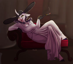 Size: 1797x1575 | Tagged: safe, artist:unfinishedheckery, derpibooru import, rarity, anthro, undead, unguligrade anthro, unicorn, vampire, breasts, cigarette, cigarette holder, clothes, digital art, dress, ears, female, floppy ears, gloves, hat, horn, lady dimitrescu, lady raritrescu, looking at you, open mouth, open smile, pose, raritits, resident evil 8, sharp teeth, smiling, smiling at you, smoking, solo, tail, teeth