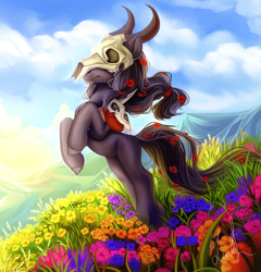Size: 3000x3120 | Tagged: safe, artist:youth_roses, derpibooru import, oc, oc only, pony, bipedal, commission, flower, flower in hair, flower in tail, mountain