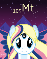 Size: 4000x5000 | Tagged: safe, artist:parclytaxel, derpibooru import, oc, oc only, oc:star heart, pegasus, pony, series:joycall6's periodic table, .svg available, absurd resolution, bust, chemistry, colored wings, commission, female, heart eyes, looking at you, mare, meitnerium, mountain, night, periodic table, portrait, shooting star, smiling, solo, spread wings, stars, third eye, vector, wingding eyes, wings