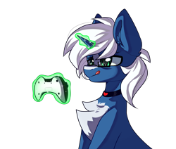 Size: 6500x5500 | Tagged: safe, artist:volchonok, derpibooru import, oc, oc only, oc:passi deeper, pony, unicorn, choker, coat markings, controller, eyebrows, glasses, glowing horn, green eyes, horn, levitation, magic, magic aura, male, simple background, sitting, solo, stallion, telekinesis, tongue, tongue out, transparent background, unicorn oc