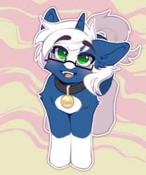 Size: 1637x1972 | Tagged: safe, artist:faract, derpibooru import, oc, oc only, oc:passi deeper, pony, unicorn, abstract background, animated, blushing, coat markings, collar, colored pupils, ears, eyebrows, eyebrows visible through hair, eyes closed, floppy ears, gif, glasses, green eyes, grin, happy, horn, looking at you, looking up, male, master, open mouth, open smile, pet play, pet tag, pony pet, shy, smiling, smiling at you, socks (coat marking), solo, stallion, standing, surprised, tail, unicorn oc