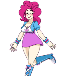 Size: 1485x1818 | Tagged: safe, artist:_mssj9, derpibooru exclusive, derpibooru import, pinkie pie, human, big breasts, blushing, boots, breasts, curly hair, equestria girls outfit, eyebrows, eyebrows visible through hair, eyelashes, eyes closed, female, humanized, jewelry, pinkie pies, ring, shoes, simple background, smiling, solo, transparent background, wristband