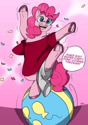 Size: 2480x3507 | Tagged: safe, artist:mcsplosion, derpibooru import, pinkie pie, earth pony, pony, ball, balloon, bipedal, clothes, confetti, female, human to pony, male to female, open mouth, open smile, rule 63, shirt, smiling, species swap, speech bubble, standing, standing on one leg, transformation, transgender transformation