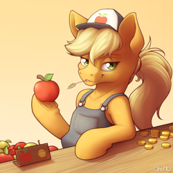 Size: 2000x2000 | Tagged: safe, artist:ohemo, derpibooru import, applejack, earth pony, pony, apple, clothes, coin, female, food, lidded eyes, looking at you, overalls, smiling, smiling at you, solo