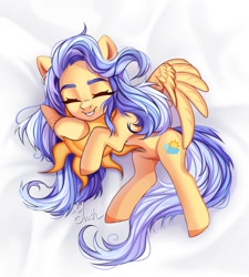 Size: 900x1000 | Tagged: safe, artist:youth_roses, derpibooru import, oc, oc only, pegasus, pony, commission, eyes closed, female, lying down, mare, smiling, wings