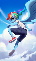 Size: 1500x2501 | Tagged: safe, artist:mrscroup, derpibooru import, rainbow dash, anthro, pegasus, plantigrade anthro, alternate hairstyle, blushing, clothes, cloud, female, filly, filly rainbow dash, flying, looking at you, looking back, looking back at you, no tail, ponytail, rear view, shoes, shorts, sky, smiling, smiling at you, sneakers, solo, t-shirt, younger