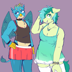 Size: 2500x2500 | Tagged: safe, artist:currentlytr_ash, derpibooru import, gallus, sandbar, anthro, earth pony, griffon, beak, bedroom eyes, black panties, blushing, bra, bra strap, clothes, crossdressing, dress, duo, duo male, ear piercing, ears, erect nipples, femboy, floppy ears, hand on hip, jewelry, looking at you, male, necklace, nipple outline, panties, piercing, plump, pose, shirt, shorts, simple background, smiling, smiling at you, socks, spread wings, stockings, tail, thigh highs, underwear, wings