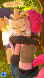 Size: 2160x3840 | Tagged: safe, artist:pootanger_sfm, derpibooru import, pinkie pie, oc, oc:kali, anthro, 3d, hug, outdoors, source filmmaker, sunset