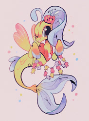 Size: 937x1280 | Tagged: safe, artist:cheesychelsy, derpibooru import, princess skystar, seapony (g4), my little pony: the movie, blue eyes, blue mane, digital art, dorsal fin, female, fin wings, fins, fish tail, flower, flower in hair, flowing tail, jewelry, looking at you, necklace, one eye closed, pearl necklace, red wings, seashell, seashell necklace, simple background, smiling, solo, tail, teeth, white background, wings, wink