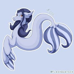 Size: 825x825 | Tagged: safe, artist:flashquatsch, derpibooru import, oc, oc only, hippocampus, merpony, seapony (g4), blue background, blue mane, female, fins, fish tail, flowing tail, lidded eyes, lipstick, looking at you, orange eyes, signature, simple background, smiling, solo, tail