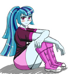 Size: 1400x1500 | Tagged: safe, artist:zachc, derpibooru import, sonata dusk, equestria girls, clothes, looking at you, simple background, sitting, solo, white background