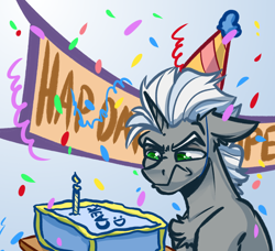 Size: 4000x3650 | Tagged: safe, artist:witchtaunter, derpibooru import, oc, oc only, oc:scope, pony, unicorn, birthday, candle, chest fluff, confetti, ear fluff, ears, floppy ears, gift art, happy birthday, hat, party hat, scowl, solo