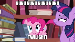 Size: 800x450 | Tagged: safe, derpibooru import, edit, edited screencap, screencap, pinkie pie, twilight sparkle, twilight sparkle (alicorn), alicorn, earth pony, pony, pinkie apple pie, annoyed, caption, duo, duo female, female, golden oaks library, image macro, imgflip, mare, text, twilight is not amused, unamused