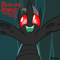 Size: 500x500 | Tagged: safe, artist:srmario, derpibooru import, oc, oc only, oc:reinflak, changeling, bust, changeling oc, fangs, male, open mouth, red changeling, red eyes, signature, smiling, solo, talking