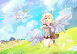 Size: 3508x2480 | Tagged: safe, artist:bubbletea, derpibooru import, derpy hooves, human, pegasus, anime style, breasts, cloud, cloudsdale, dizzy doo, eyebrows, eyebrows visible through hair, food, grassland, high res, humanized, illustration, letter, mailmare, muffin, open mouth, open smile, ponyville, scenery, smiling, windmill