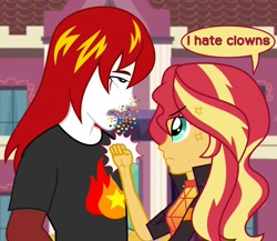 Size: 2262x1962 | Tagged: safe, artist:isekai, artist:israelyabuki, edit, sunset shimmer, oc, oc:eternal flames, equestria girls, canterlot high, clothes, clown, confetti, dialogue, face to face, female, hand, love, male, punch