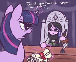 Size: 2406x1986 | Tagged: safe, artist:t72b, derpibooru import, starlight glimmer, twilight sparkle, unicorn twilight, pony, unicorn, afghanistan, ak74su, annoyed, chair, clothes, desk, dialogue, duo, duo female, eyelashes, female, frown, historical roleplay starlight, hoof hold, horn, inkwell, levitation, magic, mare, quill, scroll, telekinesis, text, throne, turban, weapon