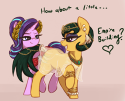Size: 1980x1600 | Tagged: safe, artist:t72b, derpibooru import, cleopatra jazz, starlight glimmer, earth pony, pony, unicorn, alternate clothes, bedroom eyes, blushing, bracelet, cleopatra, clothes, dress, ear piercing, earring, egyptian, eye contact, eyeshadow, female, gown, heart, historical roleplay starlight, jewelry, laurel wreath, looking at each other, looking back, makeup, mare, necklace, open mouth, pearl, piercing, pink background, ptolemaic kingdom, pun, raised hoof, raised leg, roman, see-through, simple background, smiling, tail, tail seduce, visual pun