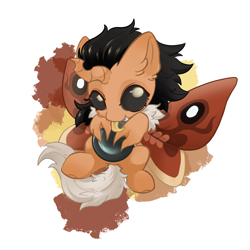 Size: 2048x2048 | Tagged: safe, artist:qamar, derpibooru import, oc, oc only, oc:dust, changeling, hybrid, moth, mothling, original species, abstract background, brown changeling, chibi, commission, egg, male, solo