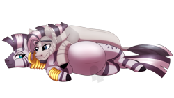 Size: 1280x720 | Tagged: safe, artist:faith-wolff, derpibooru import, zecora, oc, zebra, canon x oc, cuddling, eye contact, female, hug, hug from behind, looking at each other, lying down, male, mare, on side, pregnant, shipping, simple background, smiling, smiling at each other, stallion, straight, transparent background, zebra oc