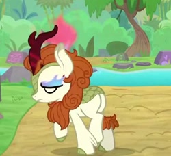 Size: 616x561 | Tagged: safe, derpibooru import, screencap, autumn blaze, kirin, nirik, sounds of silence, animation error, female, fire, mare, no tail, raised hoof, raised leg, solo