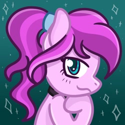 Size: 894x894 | Tagged: safe, artist:redpalette, derpibooru import, oc, oc:violet ray, earth pony, abstract background, blushing, bust, chocker, cute, earth pony oc, ponytail, portrait, smiling, smirk