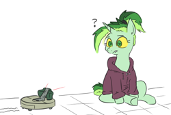 Size: 672x451 | Tagged: safe, artist:jargon scott, derpibooru import, oc, oc:okie dokey loki, pony, unicorn, claymore, claymore roomba, clothes, female, filly, hoodie, magical lesbian spawn, mine, offspring, parent:oc:dyx, parent:oc:filly anon, parents:oc x oc, question mark, roomba, solo, this will end in pain, weapon, wingding eyes