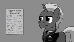 Size: 1227x690 | Tagged: safe, derpibooru import, oc, oc:firebrand, birthday card, clothes, grayscale, hallucination, monochrome, office, signature, suit, text, tf2 analysis anarchy, youtube source