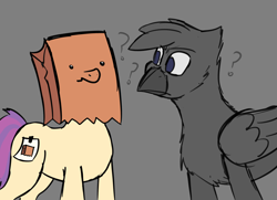 Size: 2400x1739 | Tagged: safe, artist:somber, derpibooru import, oc, oc only, oc:paper bag, earth pony, griffon, pony, female, griffon oc, male, mare, paper bag