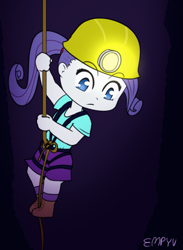 Size: 733x1000 | Tagged: safe, artist:empyu, derpibooru import, rarity, equestria girls, 30 minute art challenge, chibi, helmet, mining helmet, ponytail, rope, solo, spelunking