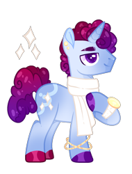 Size: 1050x1382 | Tagged: safe, artist:lilywolfpie-yt, derpibooru import, oc, pony, unicorn, clothes, male, offspring, parent:cherry jubilee, parent:shining armor, scarf, simple background, solo, stallion, transparent background