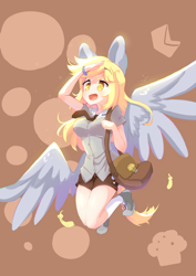 Size: 2894x4093 | Tagged: safe, artist:bubbletea, derpibooru import, derpy hooves, human, pegasus, background human, derp, food, humanized, mailmare, muffin, winged humanization, wings