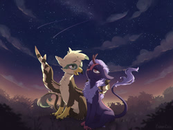 Size: 1200x900 | Tagged: safe, artist:lunarlacepony, derpibooru import, oc, oc:dillinger, oc:night glow, griffon, kirin, commission, cute, griffon oc, kirin oc, night, night sky, scenery, shooting star, sky, stargazing, wholesome, wing hands, wings