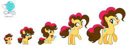 Size: 9473x3354 | Tagged: safe, artist:galaxyswirlsyt, derpibooru import, oc, oc:party pie, earth pony, pony, 5-year-old, age progression, baby, baby pony, female, filly, mare, offspring, parent:cheese sandwich, parent:pinkie pie, parents:cheesepie, simple background, teenager, transparent background