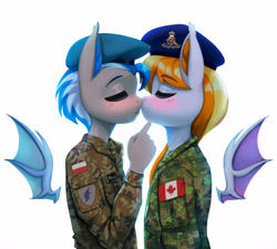 Size: 3969x3576 | Tagged: safe, artist:mrscroup, derpibooru import, oc, oc only, anthro, bat pony, bat pony oc, beret, blushing, canada, clothes, eyes closed, floating wings, hat, high res, kissing, poland, uniform, wings