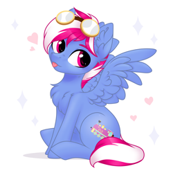 Size: 4000x4000 | Tagged: safe, artist:skairsy, derpibooru import, oc, oc only, oc:steam loco, pegasus, pony, commission, cute, cutie mark, goggles, heart, male, pegasus oc, simple background, sitting, solo, spread wings, tongue, tongue out, wings, ych result