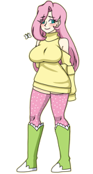 Size: 975x1818 | Tagged: safe, artist:_mssj9, derpibooru import, fluttershy, butterfly, human, big breasts, blushing, boots, breasts, clothes, eye clipping through hair, eyebrows, eyebrows visible through hair, hootershy, humanized, long hair, long sleeves, long socks, looking away, makeup, shoes, socks, solo, stockings, sweater, sweatershy, thigh highs, turtleneck