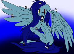 Size: 1923x1425 | Tagged: safe, artist:donnie-moon, derpibooru import, oc, oc only, oc:eclipse, pegasus, pony, abstract background, bendy and the ink machine, crossover, eye scar, one eye closed, pegasus oc, scar, sitting, smiling, underhoof, wings, wink