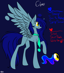 Size: 2046x2356 | Tagged: safe, artist:donnie-moon, derpibooru import, oc, oc only, oc:eclipse, pegasus, pony, blue background, female, grin, jewelry, mare, necklace, pegasus oc, raised hoof, raised leg, reference sheet, simple background, smiling, solo, sombra eyes, wings