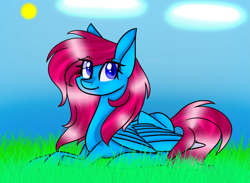 Size: 1753x1286 | Tagged: safe, artist:donnie-moon, derpibooru import, oc, oc only, pegasus, pony, eyelashes, female, grass, lying down, mare, outdoors, pegasus oc, prone, smiling, solo