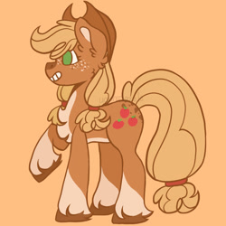 Size: 1024x1024 | Tagged: safe, artist:yourrdazzle, derpibooru import, applejack, pony, alternate design, orange background, simple background, solo