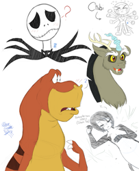 Size: 659x811 | Tagged: safe, artist:chibi-n92, derpibooru import, discord, dinosaur, draconequus, human, bust, crossover, jack skellington, male, signature, simple background, the nightmare before christmas, we're back a dinosaur's story, white background