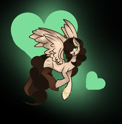 Size: 671x683 | Tagged: safe, artist:aonairfaol, derpibooru import, oc, oc only, pegasus, pony, abstract background, female, flying, grin, hair over one eye, mare, pegasus oc, smiling, solo