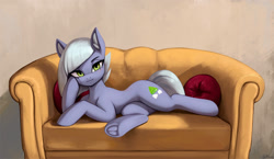 Size: 2000x1163 | Tagged: safe, artist:mrscroup, derpibooru import, limestone pie, earth pony, pony, blushing, commission, cute, draw me like one of your french girls, female, frog (hoof), limabetes, looking at you, lying down, mare, on side, smiling, smiling at you, sofa, solo, underhoof, when she smiles